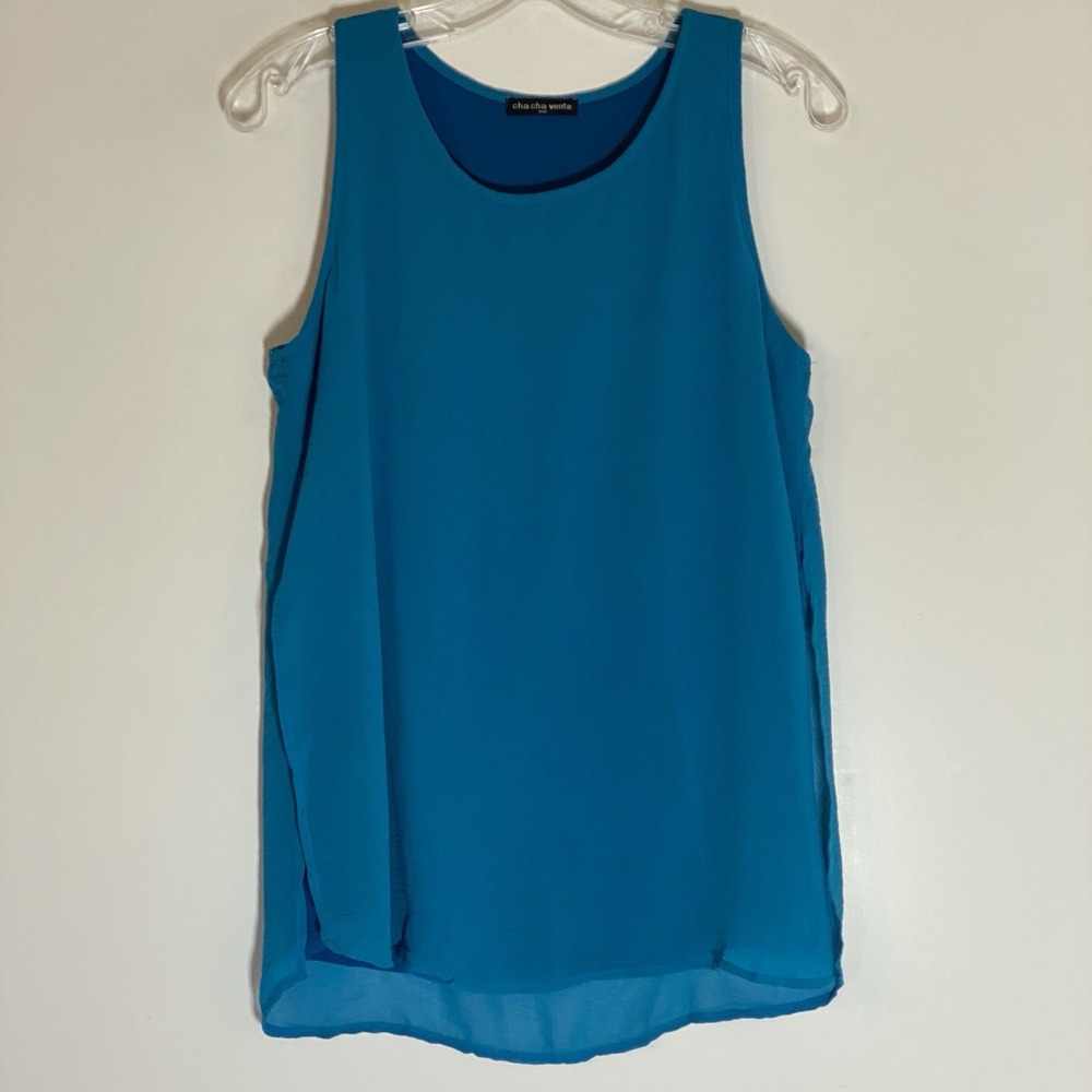 Cha Cha Vente Top Womens Petite Med Blue Sleeveless Lined Flowy USA Made Classic